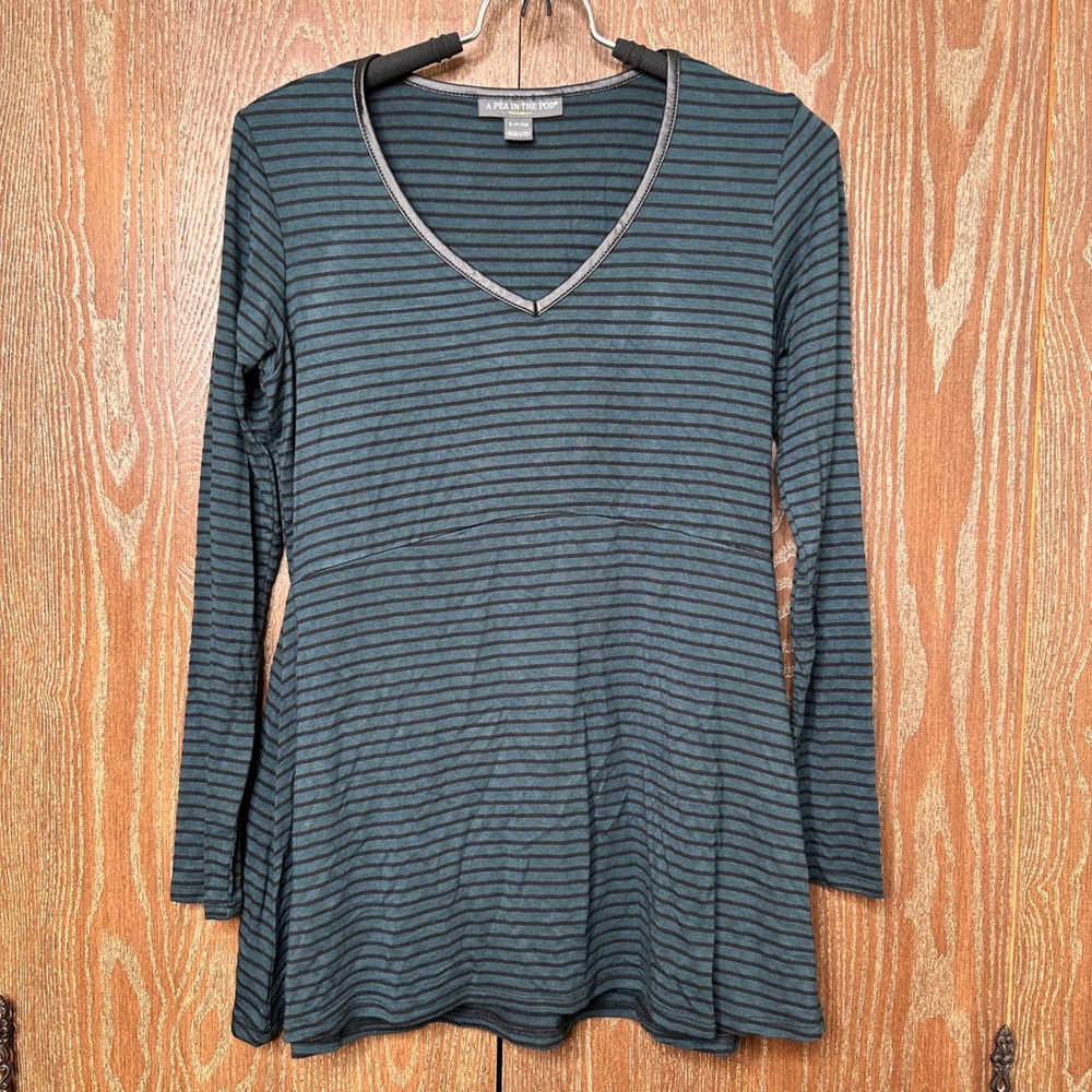 A Pea In The Pod Maternity Top Small Teal Black Striped Faux Leather Trim V-Neck